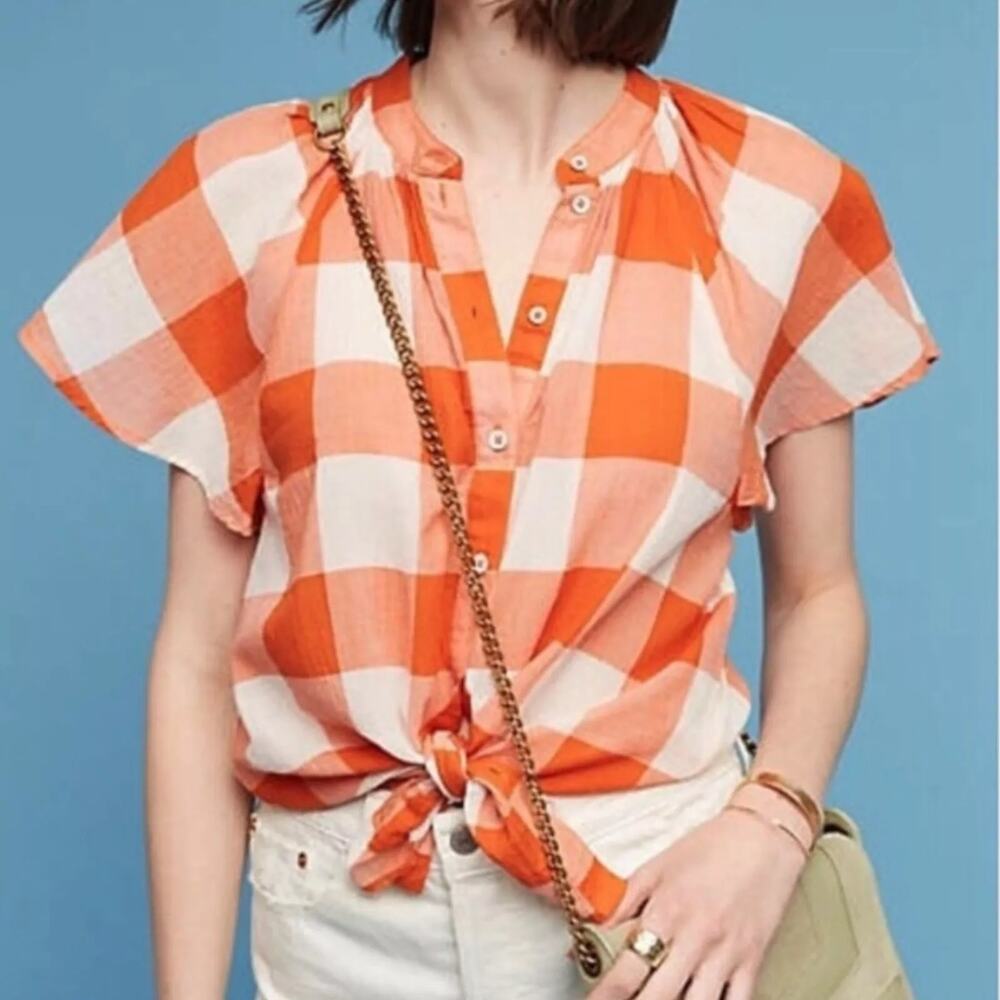 Anthropologie Maeve Womens Flutter Sleeve Button Up Gingham Plaid Blouse Size XS